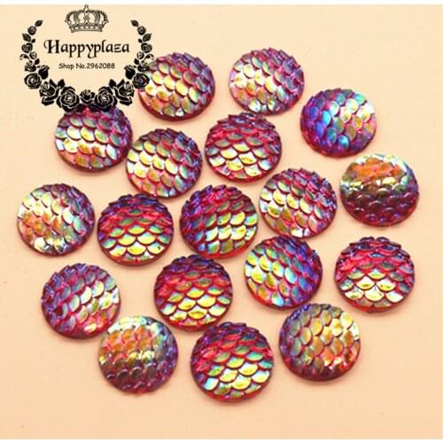 12mm 100pcs Red AB Resin Fish Scale Flatback Rhinestone Round Cabochon Embellishment Scrapbooking For DIY Crafts
