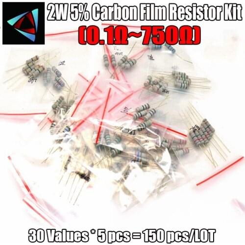 150PCS 2W 5% 0.1 Ohm ~ 750 ohm 30 Values 5pcs Carbon Film Resistors KIT