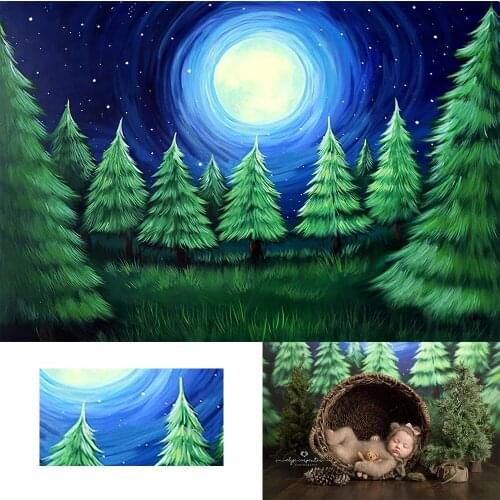 Forest Blue big moon Backdrop Decorative Newborn Photography Background Christmas tree Birthday Party Dark Night Photo Studio