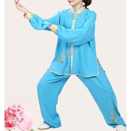 Unisex spring&autumn tai chi clothing embroidery taijiquan suit martial arts costumes kung fu performance uniforms blue
