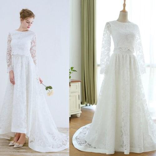 Two Pieces Lace Wedding Dress Long Sheer Sleeves 2021 New High Low Half Skirt Crop Top A Line Plus Size Beach Bridal Dress #616