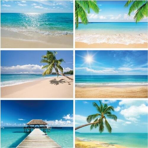 Laeacco Sea Backgrounds Tropical Summer Beach Sand Blue Sky Cloudy Scenic Photo Background Photography Backdrops Photo Studio