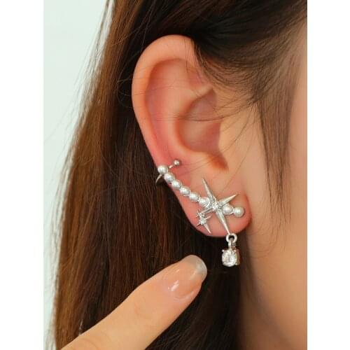 Lifefontier Gothic Star Pearl Clip Earrings for Women Punk Silver Color Metal Crystal Pendant Ear Cuff Pierced Earrings Jewelry