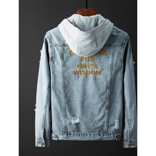 2021 Autumn New Mens Fashion Street Wear Denim Jacket Male Embroidery Letter Hooded Ripped Jean Coats Blue Wash Cowboy Outerwear