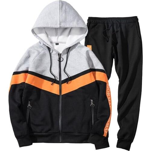 Mens Leisure Sports Two-piece Suit Youth Color Matching Sweater/Hoodis Suit Long Sleeve and Trousers Set