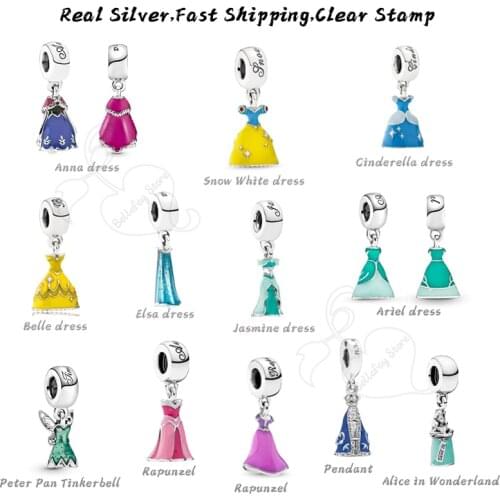 Real 925 Sterling Silver Beads Princess Charms Dress Dangles Fits Pandoras Bracelets Elsa Pendant Girls Gifts