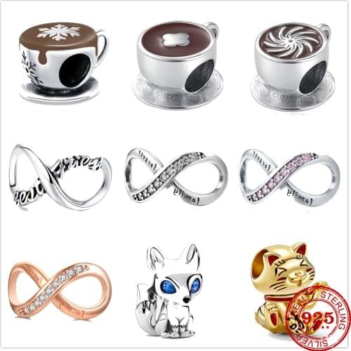 Genuine 925 Sterling Silver Coffe Cup Pattern Bule Eyed Fox Openwork Beads Fit Original Pandora Bracelet Charm Jewelry Gift