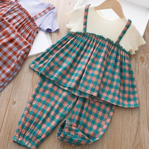 Summer New Pants Suit Korean Plaid Bloomers Fashion Two-piece Baby Girls Clothes Sets Tracksuit Cotton Kids Tops Trousers 3-7Yrs