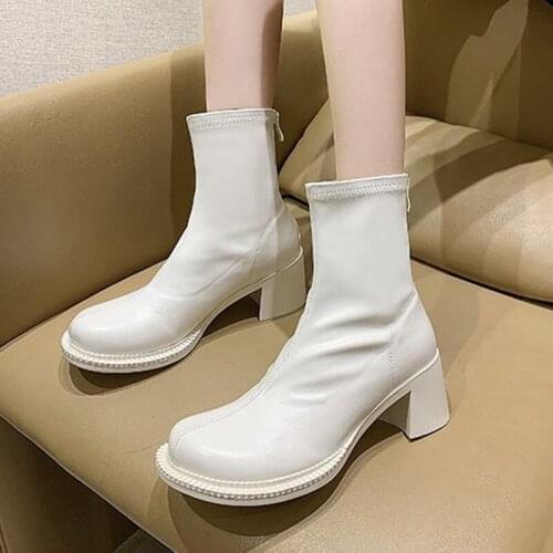 New Women Ankle Boots Zip Soft PU Leather Women Fashion Boots Square Heels 2021 Ladies High Heel Women Shoes Woman Footwear