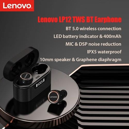 Original Lenovo LP12 TWS Wireless Earphone Bluetooth 5.0 Headphone 400mAh Dual Stereo Music Noise Reduction Bass IPX5 Waterproof