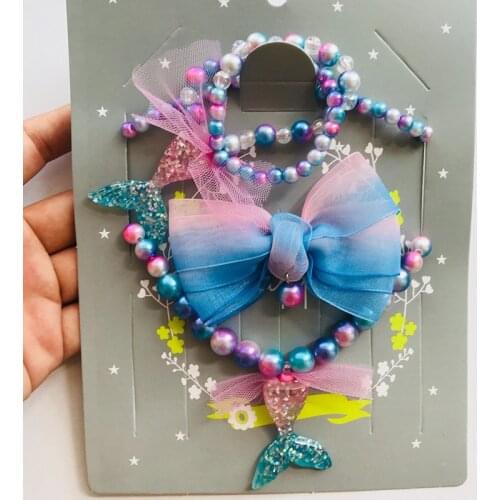 Fantasy Pearl Beads Mermaid Hair Bows Necklace Bracelet Set Gradient Hair Clips Kids Hair Accessories Suit Party Gift for Girls