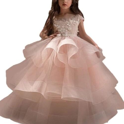 Flower Girl Dresses For Wedding Party Elegant Sleeveless Applique Cascading Tulle Dresses For Little Girl Holy Communion Dresses