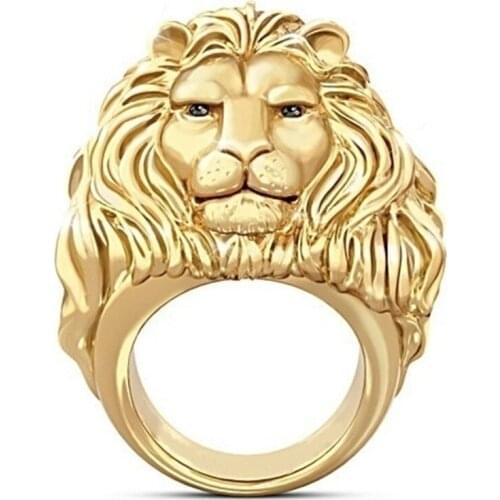 Punkboy Gold 3D Realistic African Lion Ring Lettering Heart of A Lion Head Animals Pattern Alloy Ring for Men Women Jewelry Gift