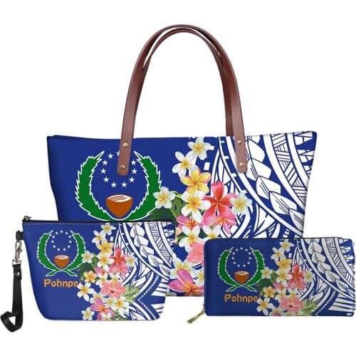 Luxury Handbags Women Bag 3pcs Set Polynesian Pohnpei Printing Summer Shoulder Bags and PU Leather Wallet Large Travel Purse