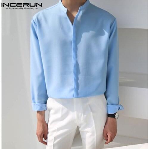 INCERUN 2021 Fashion Men Casual Shirt Streetwear Long Sleeve Stand Collar Button Blouse Korean Solid Color Mens Brand Shirts 5XL