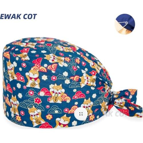 Cartoon Scrub Cap with Buttons Anime Print Work Nursing Hat Cotton Beautician Dust Proof Nurse Surgicals Caps for Women and Men
