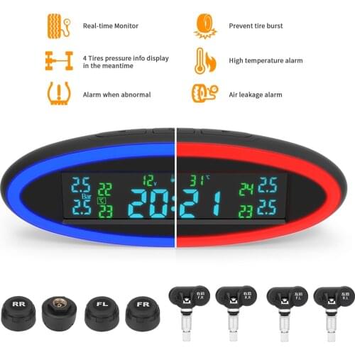 NEW TPMS Sensors Car Tire Pressure Monitoring System LED Ambient Light Decoration ACC OBD2 USB Charger Digital Clock Accessories