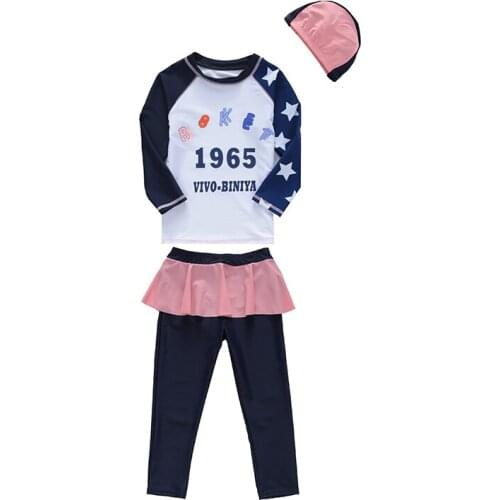 UPF50+ Rash Guards Long Sleeve Swimwear Girls Two-Pieces Swimsuit Toddler Kids Bathing Sun Suit with Swimming Cap Stars Printed