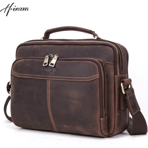 Contacts genuine crazy horse leather vintage Men Briefcase for ipad 9.7inch retro zipper male handbag shoulder bag messenger bag