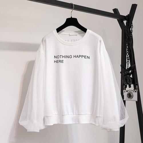 AIYANGA 2019 New Harajuku Sweatwear For Girls Letter Print Women Sweatshirt Long Mesh Sleeve Spring Autumn Casual Hoodies Tops