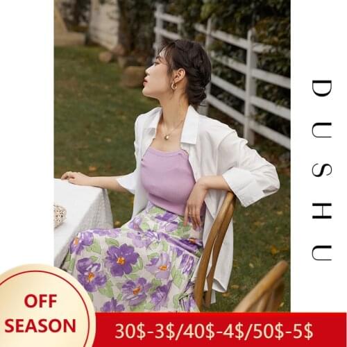 DUSHU 100% Cotton Womens French Retro Printed High Waist Skirt 2021 Summer New Gentle Purple Long Skirt Clothes