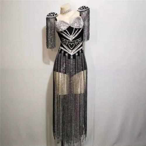 D58 Black tassel diamonds bodysuit female stage dress singer perform wears clothes party show Rhinestone jumpsuit dance costumes