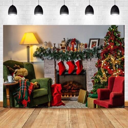 Winter Backdrop For Photography Merry Christmas Interior Fireplace Pine Tree Sofa Scene Child Shoot Party Photography Background