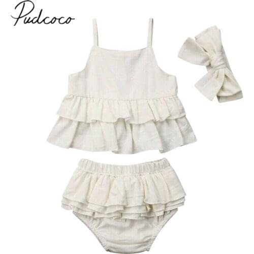 2019 Brand New Toddler Kid Baby Girl 2Pcs Clothes Headband Ruffle Tops PP Shorts Pants Skirt Outfit Solid Cotton Summer Sunsuit