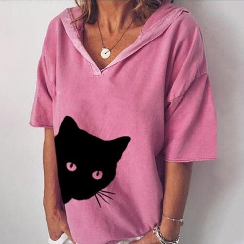 2021 New Woman Tshirt Graphic T Shirts Women Loose Solid Color Cat Head Print Harajuku Plus Size T-shirt Casual Tops Women