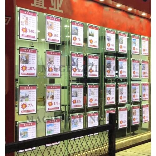 32PCS A4 Single Side Vertical Hanging Real Estate Agent Window Acrylic Frame LED Display System,LED Illuminated Poster Boards