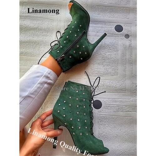Linamong Women Elegant Peep Toe Stiletto Heel Metal Studs Short Gladiator Boots Green Suede Lace-up High Heel Rivet Ankle Boots