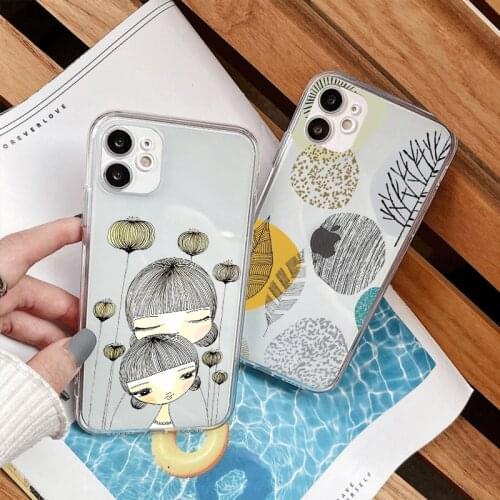 Hand painted little girl leaves Phone Case For iPhone X XR XS MAX 6s 7 8 Plus SE 2020 12 11 Pro Max Soft Clear transparent Cover