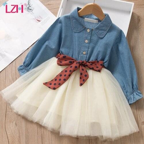 LZH Kids Party Dresses For Girls Autumn Winter Toddler Girls Long Sleeved Denim Mesh Princess Dress Children Clothes 2 3 4 Years