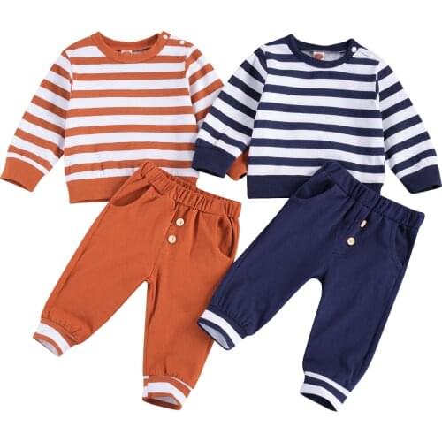 FOCUSNORM Newborn Baby Girls Boys Clothes Sets Striped Print Long Sleeve Pullover Sweatshirt Tops Trousers Pants 2pcs