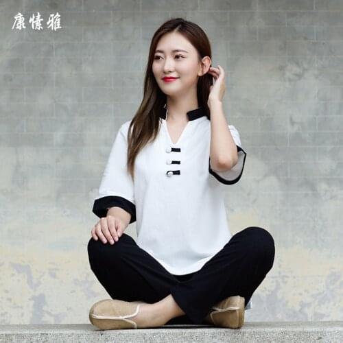 Summer Women Tai Chi Kungfu Yoga Set Cotton Linen Loose Sweatshirt+pant Jogger Outfit Workout Casual Meditation Set Sportswear