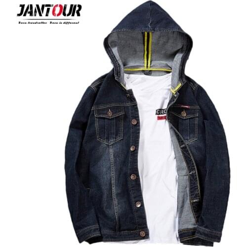 Jantour Brand Spring Autumn Hooded Denim Jacket Mens Hip Hop Jeans Coat Retro Jean Jacket Street Casual Bomber Jacket Hoodies