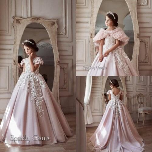 Soft Pink Flower Girl Dresses For Wedding With Wrap Beaded Lace Appliqued Toddler Girls Pageant Dress Kids Formal Wear Prom