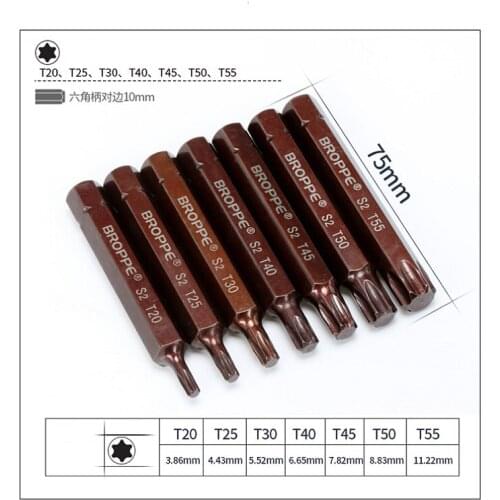 New 7Pcs/set Magnetic L75MM Screwdriver Torx bit T20-T55 3/8" 10MM S2 Hex Screwdriver Bits Impact bit T20/T25/T30/T40/T45/T55