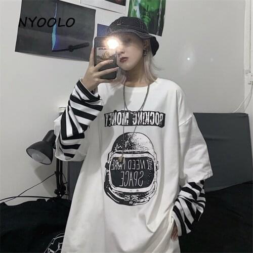 NYOOLO Autumn Vintage Pattern letters Printed fake 2 Pieces tee shirt Harajuku Style Loose Long Sleeve T-Shirt women men Top
