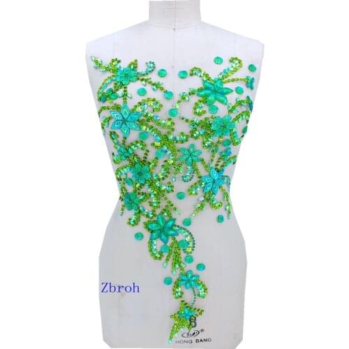 Pure hand made dazzling green sew on Rhinestones applique crystals patches 60*30cm DIY dress accessory