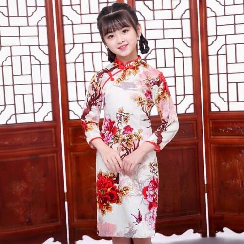 Floral Chinese Traditional Style dress Girls cheongsam qipao New Year Cute Baby Spring Festival Party Long sleeve Dresses