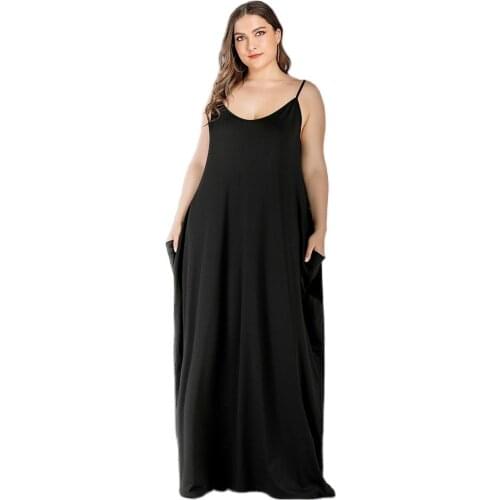 Maxi Dress For Women 2021 Plus Size Womens Loose Solid Summer New Style Double Pocket Sling Fairy Dress Vacation Dresses платье