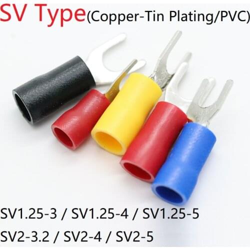 50pcs SV Type Wire Spring Terminal SV1.25 SV2 Fork U Y PVC Insulate Ferrules Block Spade Cold Press Cable End Crimp Connector