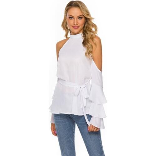 Sweet Layers Ruffle Flare Sleeve Shirts Elegant Off Shoulder Streetwear Chiffon Shirt Women Fashion Slim Fit Top Female Tees