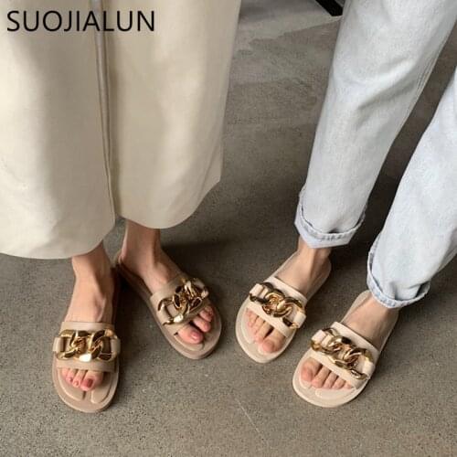SUOJIALUN 2021 Fashion Brand Gold Metal Chain Slippers Flat Heel Casual Slide Summer Outdoor Beach Sandals Ladies Flip Flops Sho