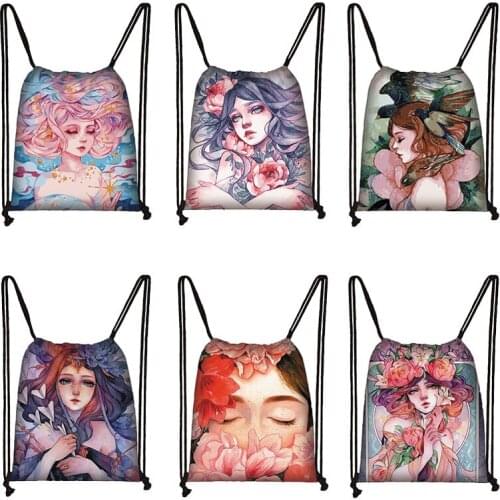 Cartoon Girl Oil Painting Women Drawstring Bag Ladies Portable Storage Bags for Travel Teenager Drawstring Pouch Girls Backpack