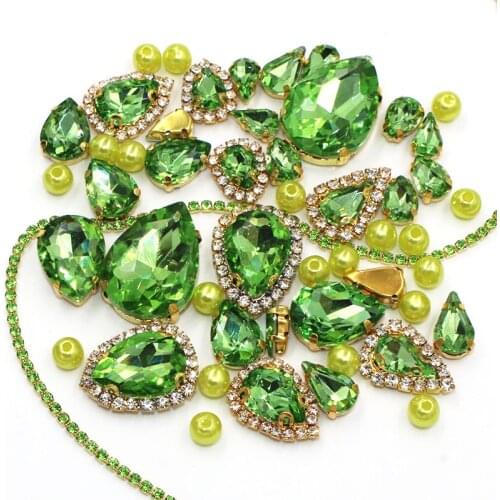 Wedding Decoration gold base Light green Mix size Glass Crystal Stones Pearl Beads Cup Chain Rim Rhinestones Sew On Clothing