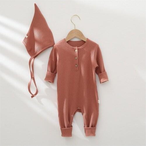 Spring Autumn Newborn Baby Girl Boy Clothing Set Solid Color Long Sleeve Romper Hat Baby Outfits