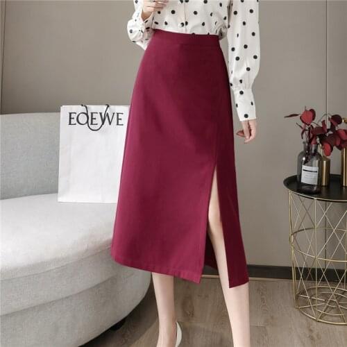 Elegant High Waist A-Line Side Slit Midi Skirt Women Spring Summer Fashion Wine Red Package Hip Skirt Office Lady Long Skirts