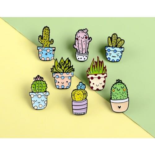 Green Pink Botany Cactus Brooch Potted Plant Barbed Succulent Plants Lovely Shy Witty Face Speckle Flowerpot Kids Pins Gifts